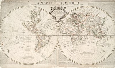 Eine Weltkarte, korrigiert nach den Beobachtungen, die den königlichen Gesellschaften von London und Paris mitgeteilt wurden, an den hochverehrten Richard Boyle, 1711 von John Senex
